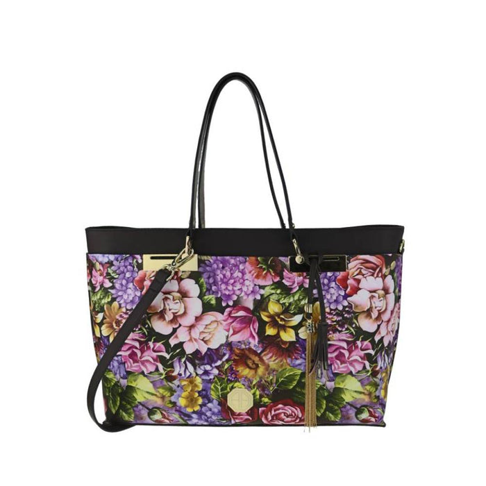 Large floral print tote bag with black leather top, gold hardware, and tassel details, versatile shoulder bag for wholesale.