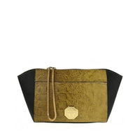 Olive green and black two-tone crocodile-embossed crossbody clutch with gold snake chain strap, versatile evening bag for wholesale.