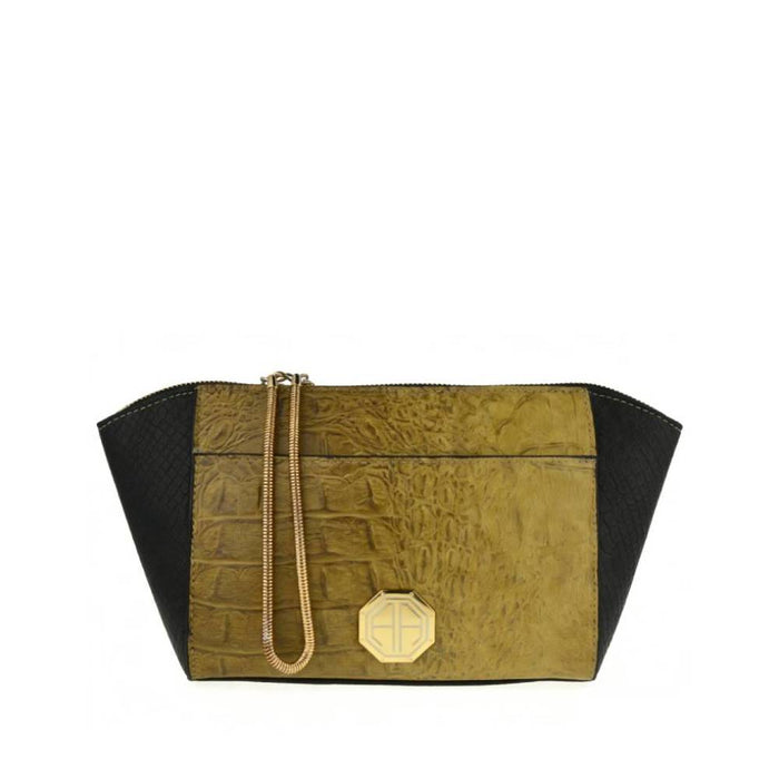 Olive green and black two-tone crocodile-embossed crossbody clutch with gold snake chain strap, versatile evening bag for wholesale.