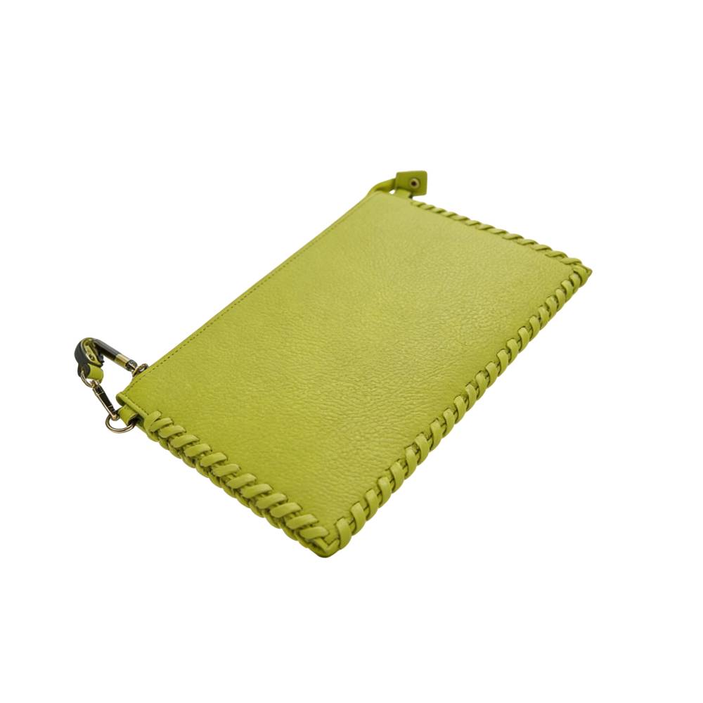 Lime Green Clutch Bag with Braided Edge Stitching - Angle View