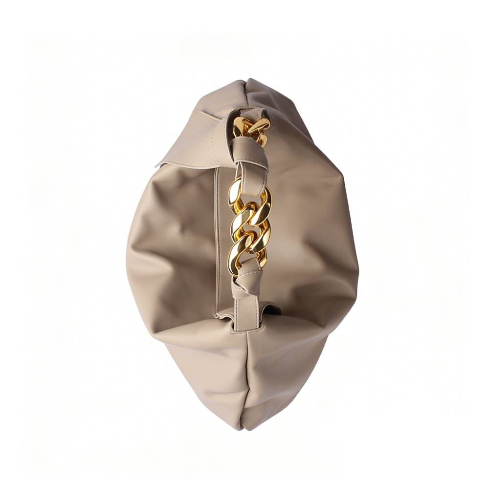 Beige Ruched Hobo Bag - Top Open View with Gold Chain Handle