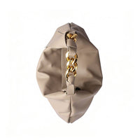 Beige Ruched Hobo Bag - Top Open View with Gold Chain Handle