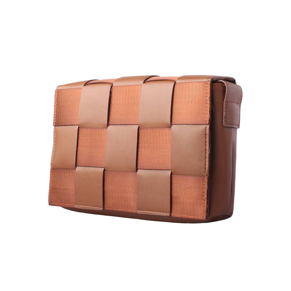 Brown Woven Checkered Flap Clutch - Front View