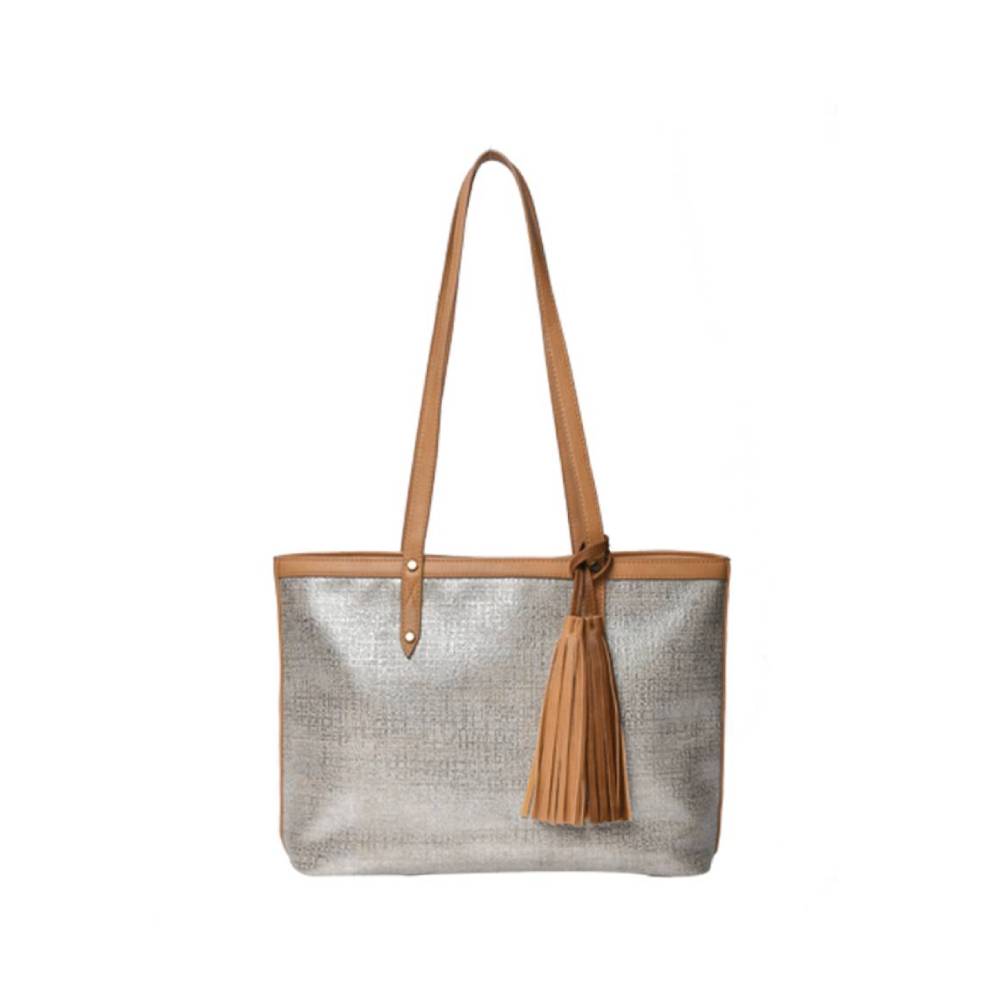 Metallic Silver Woven Tote Bag with Tan Leather Trim & Tassel - Full Front View
