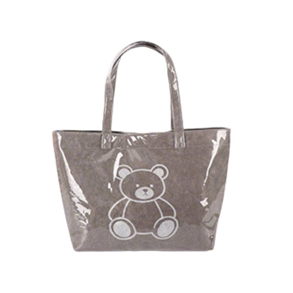 Grey Glossy Tote Bag with Teddy Bear Print - Front View