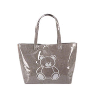 Grey Glossy Tote Bag with Teddy Bear Print - Front View