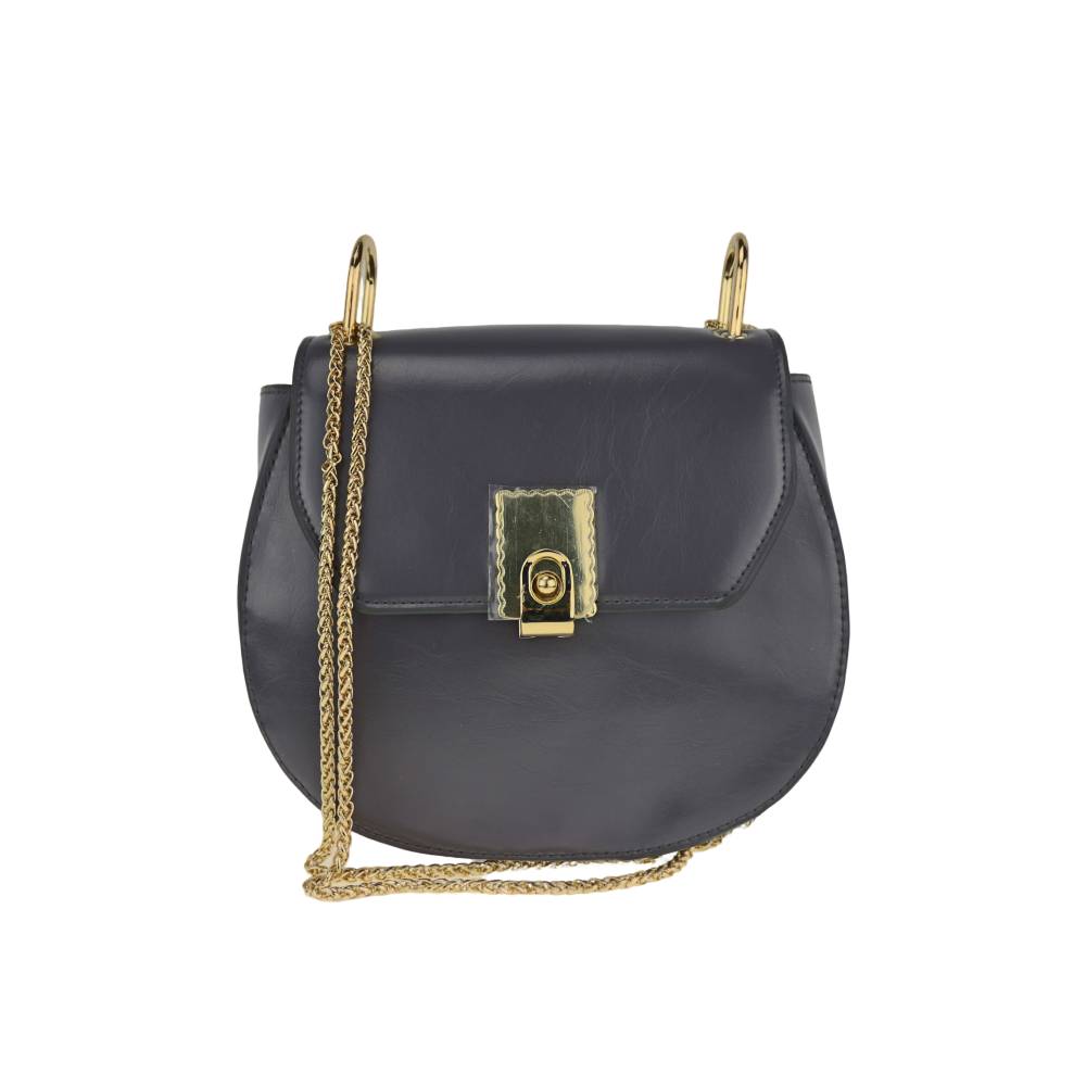 Dark Grey Smooth Saddle Bag with Gold Lock Hardware - Full Front View