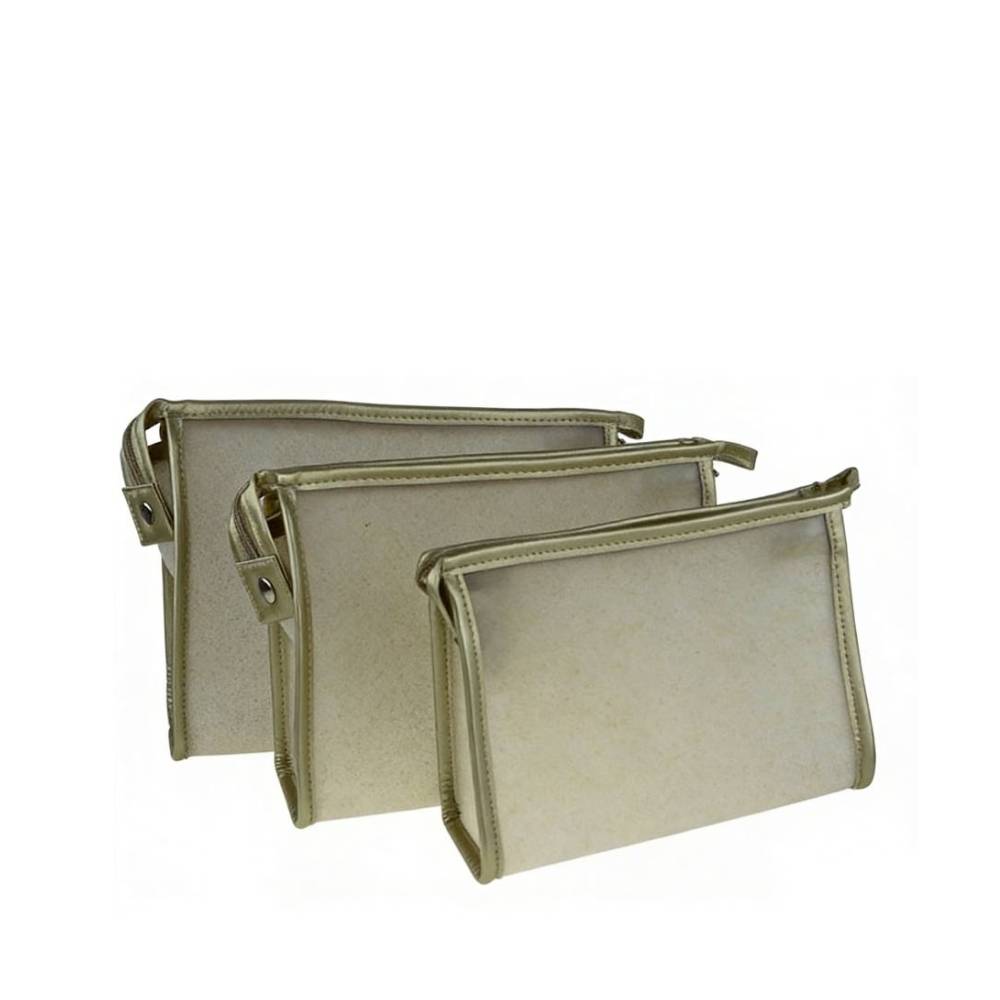 Set of three beige zippered pouches in graduated sizes, displayed side by side to demonstrate versatile wholesale packaging and storage solutions.