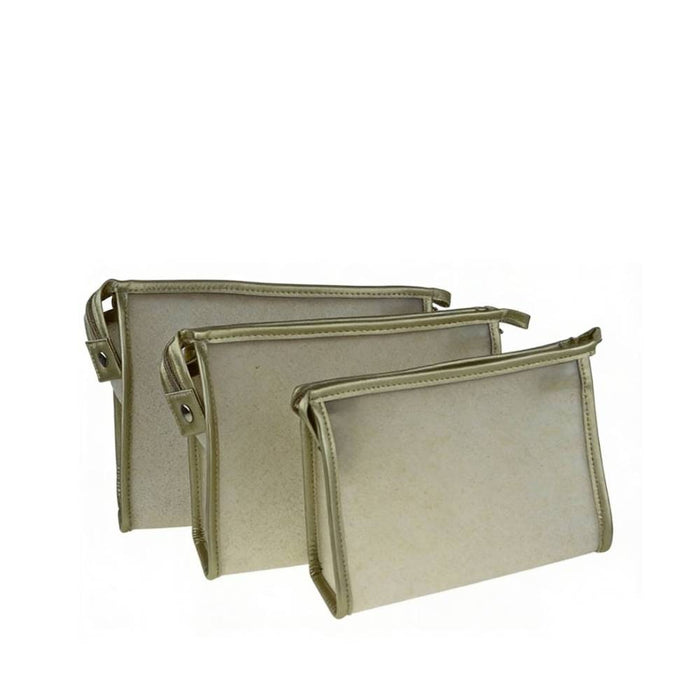 Set of three beige zippered pouches in graduated sizes, displayed side by side to demonstrate versatile wholesale packaging and storage solutions.