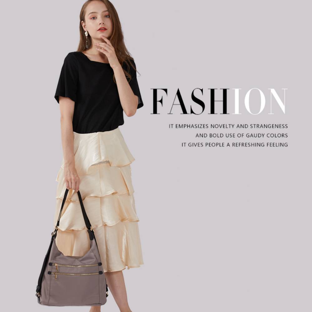 Fashion lifestyle shot of gray nylon shoulder bag, emphasizing versatile casual style for modern women.