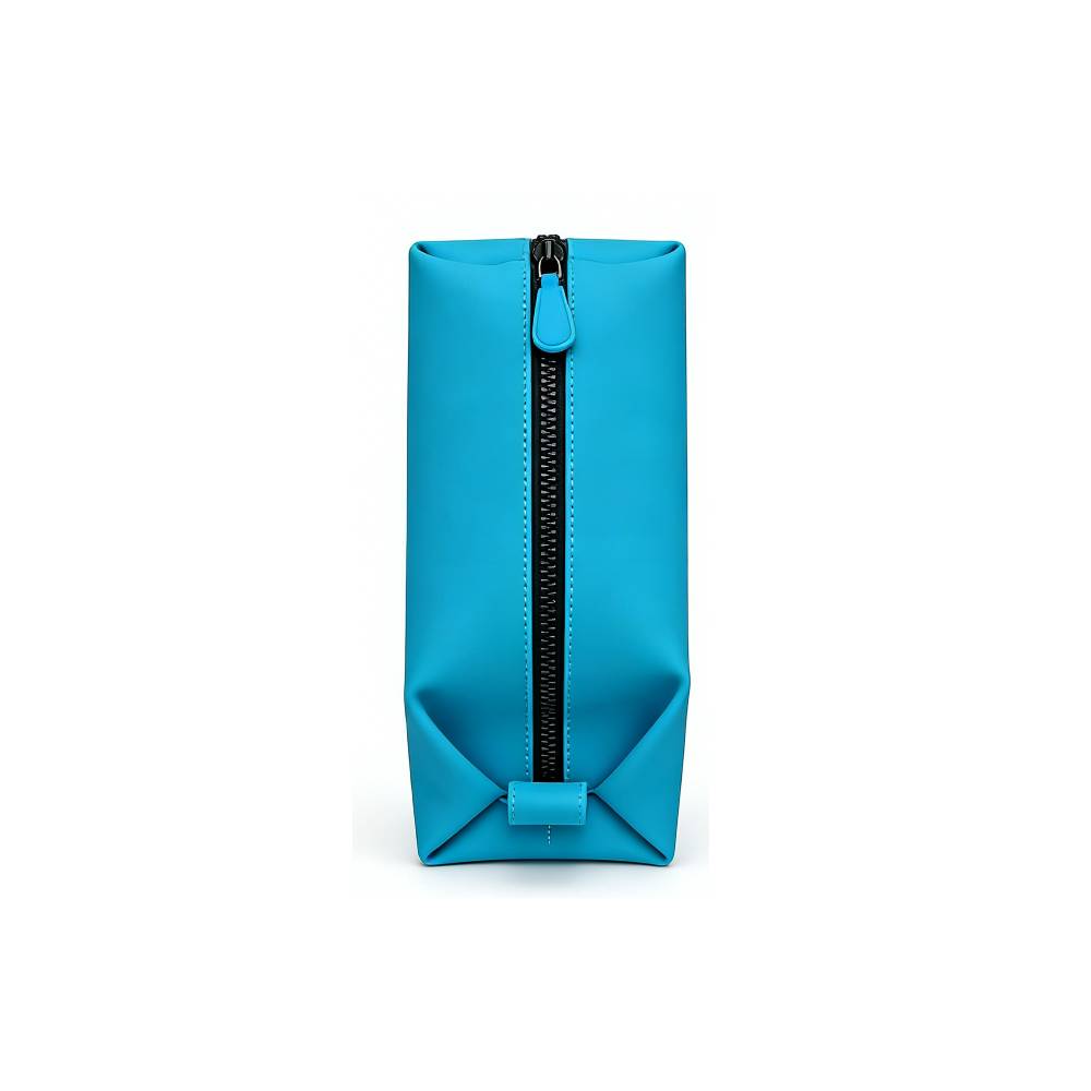 Front view of a bright blue toiletry bag with central black zipper closure and teal zipper pull, highlighting secure closure and sleek minimalist design.