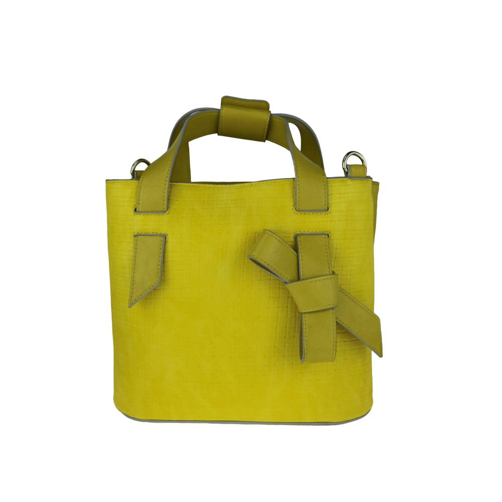 Bright Yellow Textured Tote Bag with Bow Accent - Full Front View