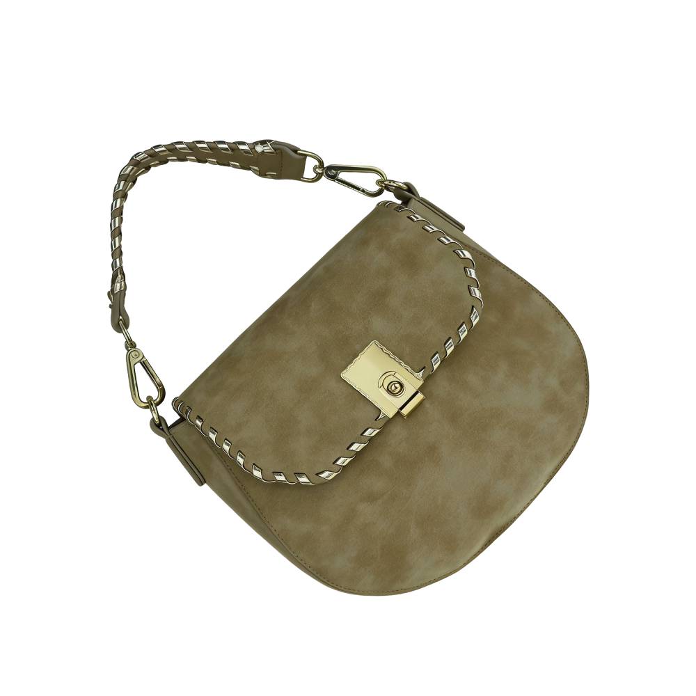Suede Saddle Bag with Metallic Whipstitch Detail - Front Angle View