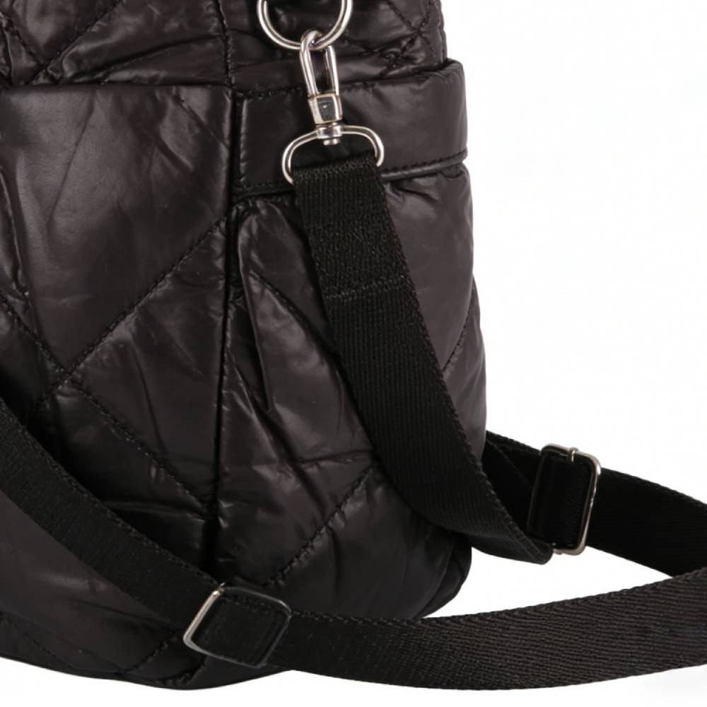 Black Quilted Padded Bag - Adjustable Strap & Silver Hardware Detail
