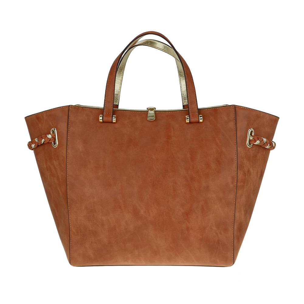Tan Tote Bag with Gold Lining - Full Front View (No Braided Rope)