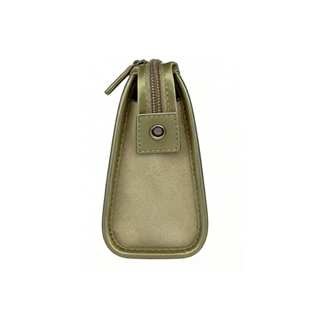 Side view of a small beige zippered pouch with closed zipper, snap button tab, and suede-like texture, highlighting secure closure details.