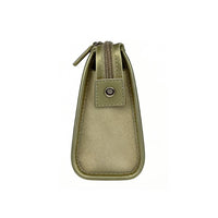 Side view of a small beige zippered pouch with closed zipper, snap button tab, and suede-like texture, highlighting secure closure details.