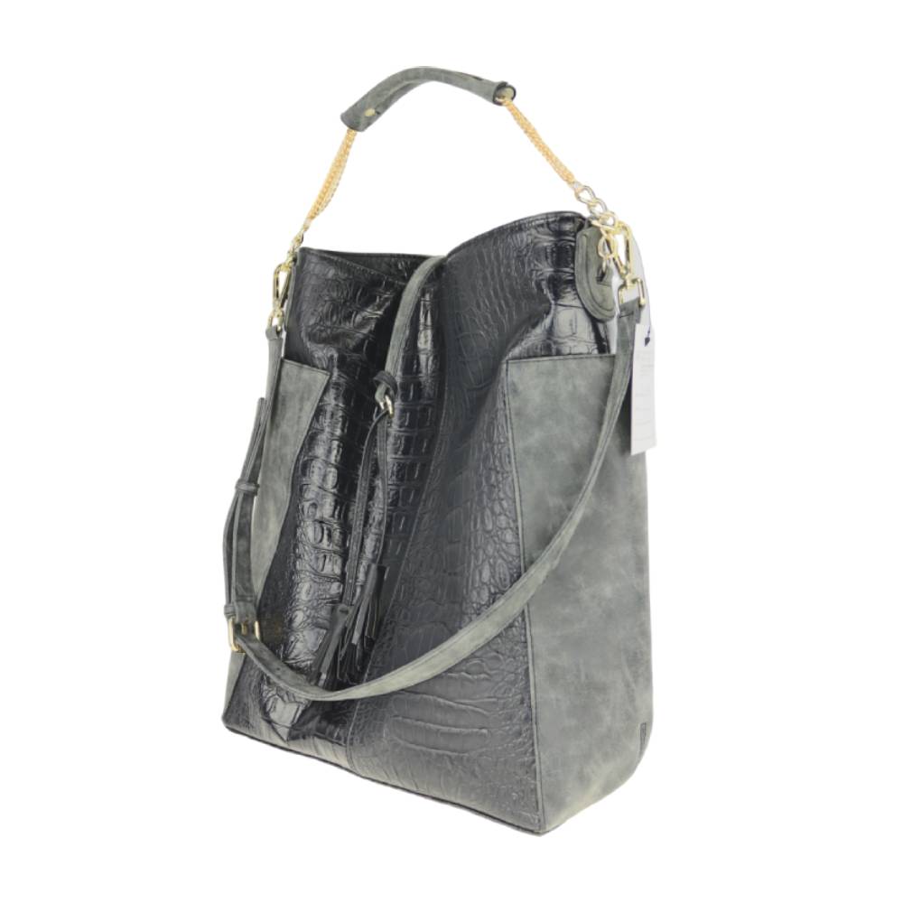 Close-up of gray crocodile-embossed leather panel with suede-like side pocket, demonstrating mixed-material durability.