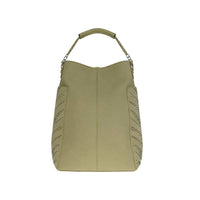 Back view of beige hobo bag with leaf-patterned laser cut-outs, highlighting intricate design and breathable details.