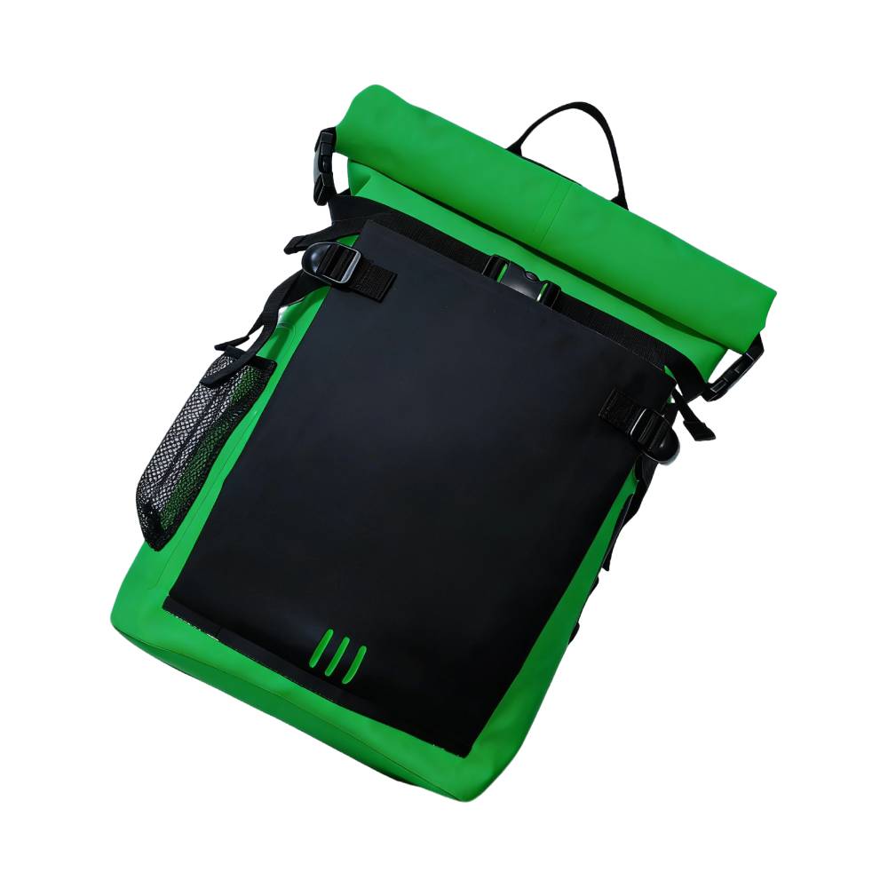 Green & Black Color Block Roll Top Backpack with Mesh Pocket - Front Angle View