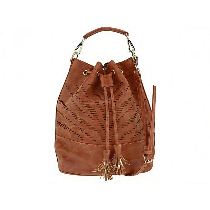 Side view of tan bucket bag with top handle and adjustable crossbody strap, showing spacious capacity and structured shape.