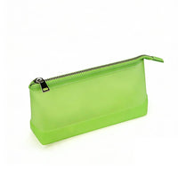 Lime green frosted translucent zippered pouch with solid rubber base and silver metal zipper pull, emphasizing a fresh and energetic aesthetic.