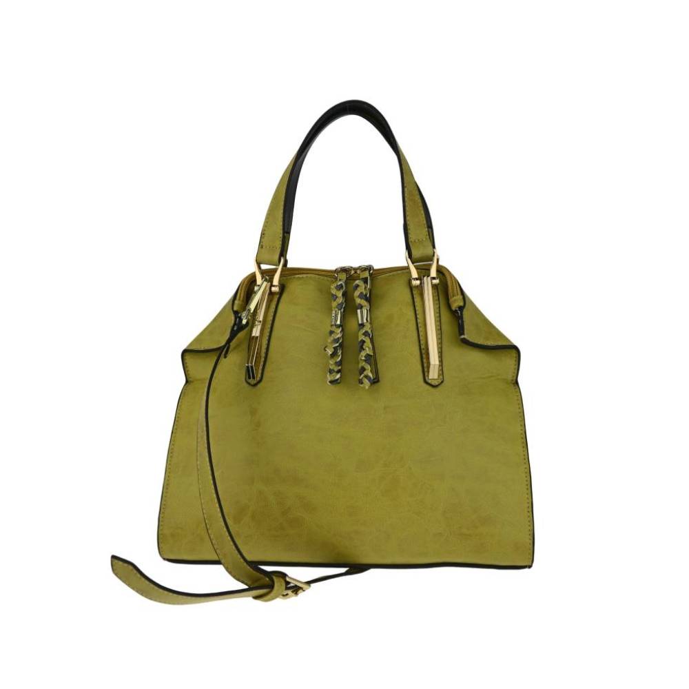 Olive Green Satchel Bag with Detachable Shoulder Strap - Full Front View