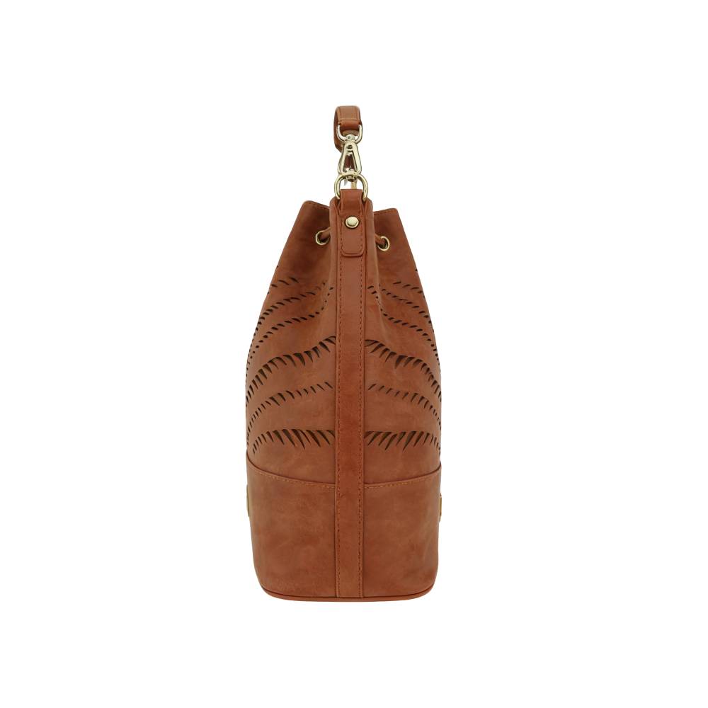 Tan Bucket Bag with Perforated Side Panels - Side View