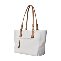 White large tote bag with brown leather handles and contrast stitching, structured shoulder bag for wholesale.