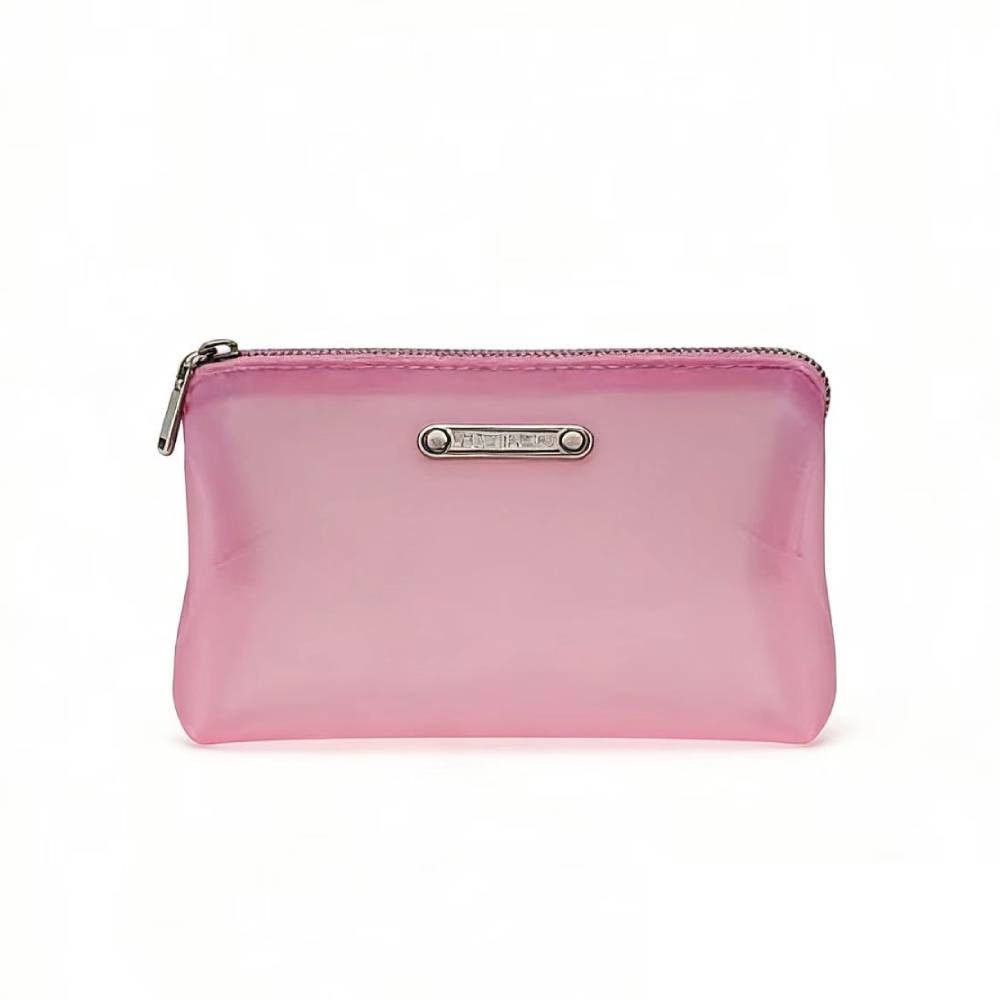 Front view of a pink frosted translucent zippered pouch with silver metal zipper pull and brand nameplate, ideal for compact storage of cosmetics or stationery.