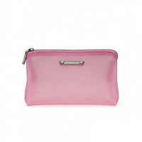 Front view of a pink frosted translucent zippered pouch with silver metal zipper pull and brand nameplate, ideal for compact storage of cosmetics or stationery.