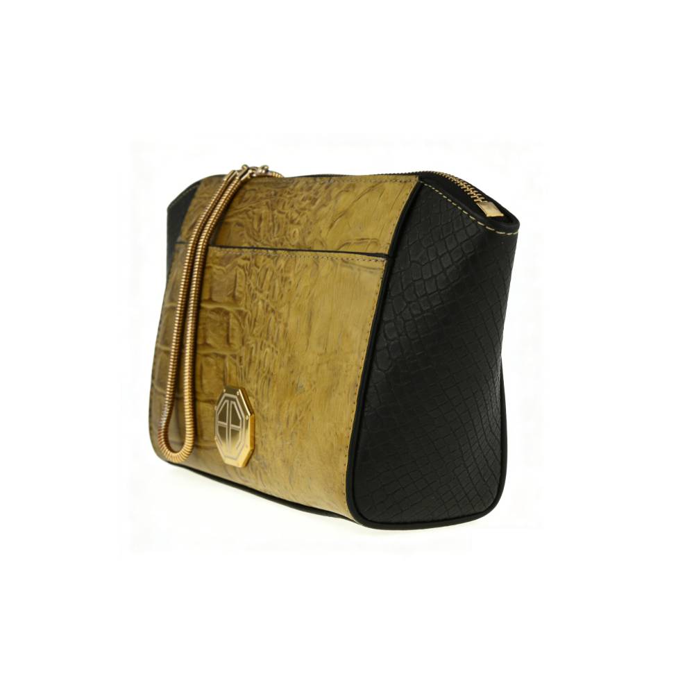 Olive green structured crossbody bag with black snakeskin side panels, gold octagonal emblem, and snake chain strap, elegant casual purse.