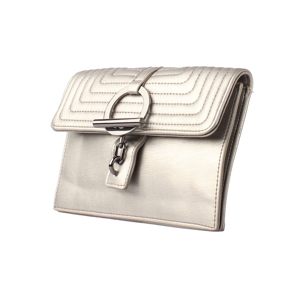 Silver Metallic Quilted Clutch Bag with Gunmetal Ring Clasp - Side Angle View