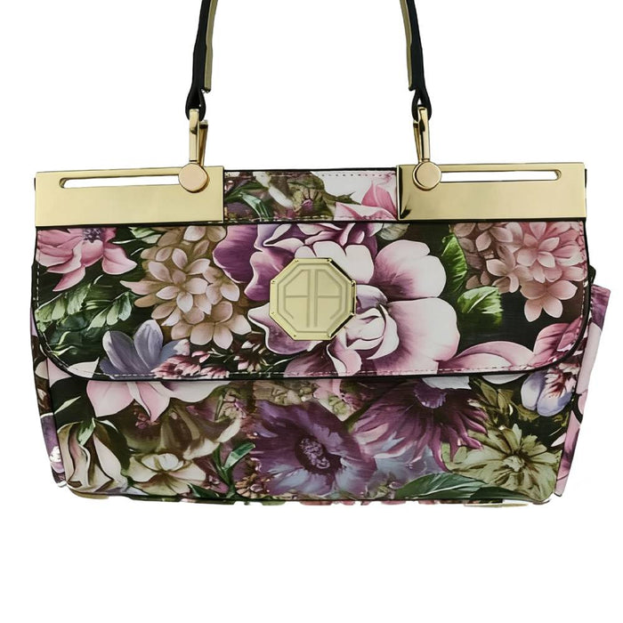 Vibrant Floral Print Handbag with Gold Hardware - Full Front View