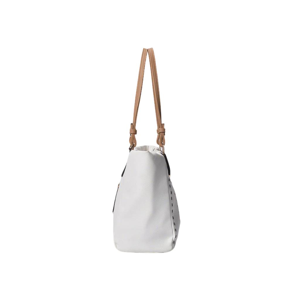 Beige tote bag with brown leather handles and decorative stitching, casual work bag for women.