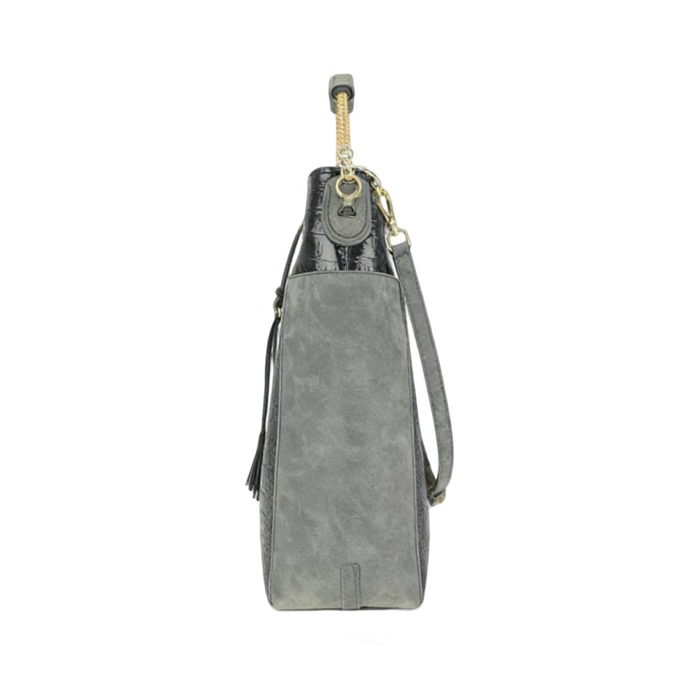Gray crocodile-embossed hobo bag with detachable crossbody strap and tassel details, versatile work bag for women.