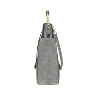 Gray crocodile-embossed hobo bag with detachable crossbody strap and tassel details, versatile work bag for women.