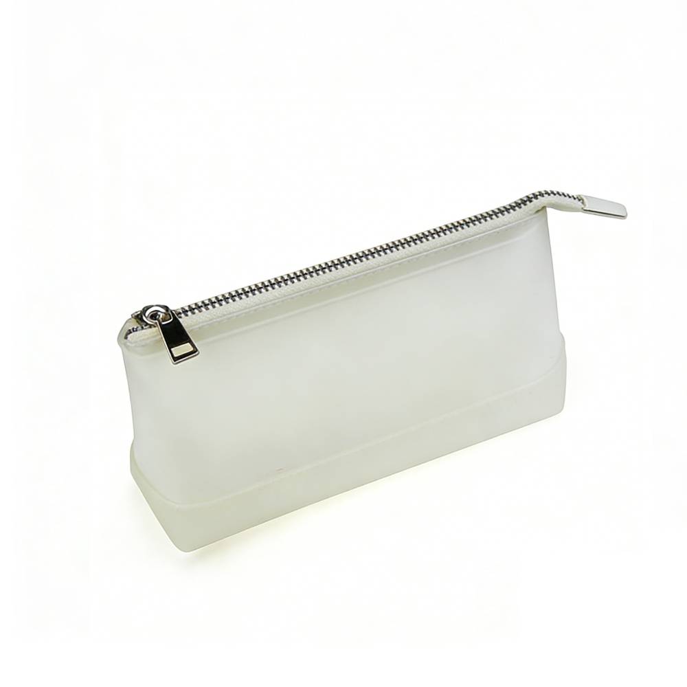White frosted translucent zippered pouch with solid rubber base and silver metal zipper pull, designed for clean and versatile daily use.