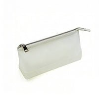 White frosted translucent zippered pouch with solid rubber base and silver metal zipper pull, designed for clean and versatile daily use.