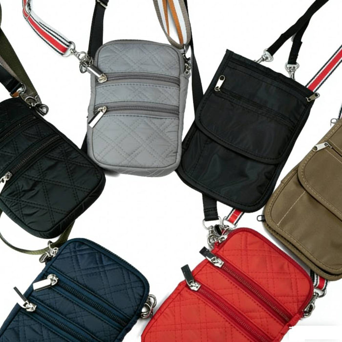 Full set of seven quilted crossbody bags in multiple colors (including green camouflage), displayed to demonstrate full product line options for bulk orders.