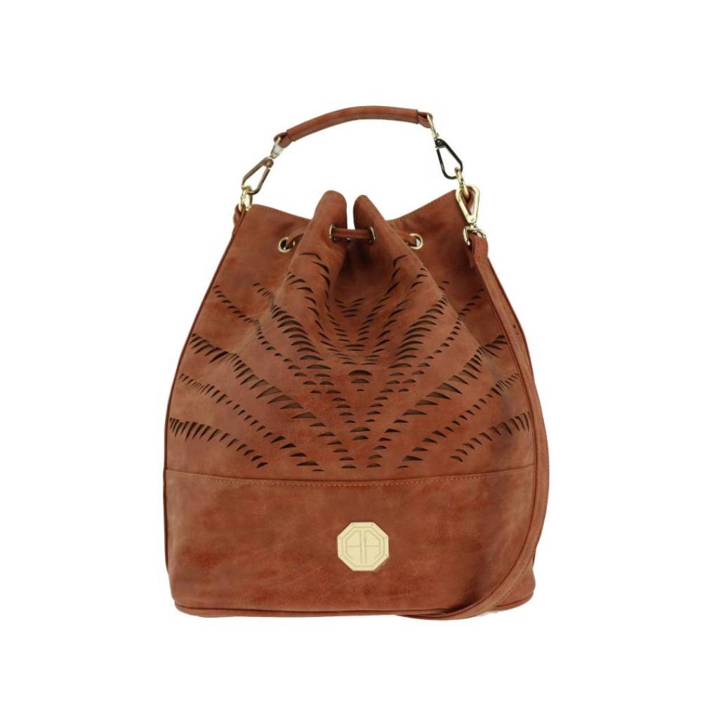 Tan Perforated Bucket Bag with Drawstring Closure - Full Front View