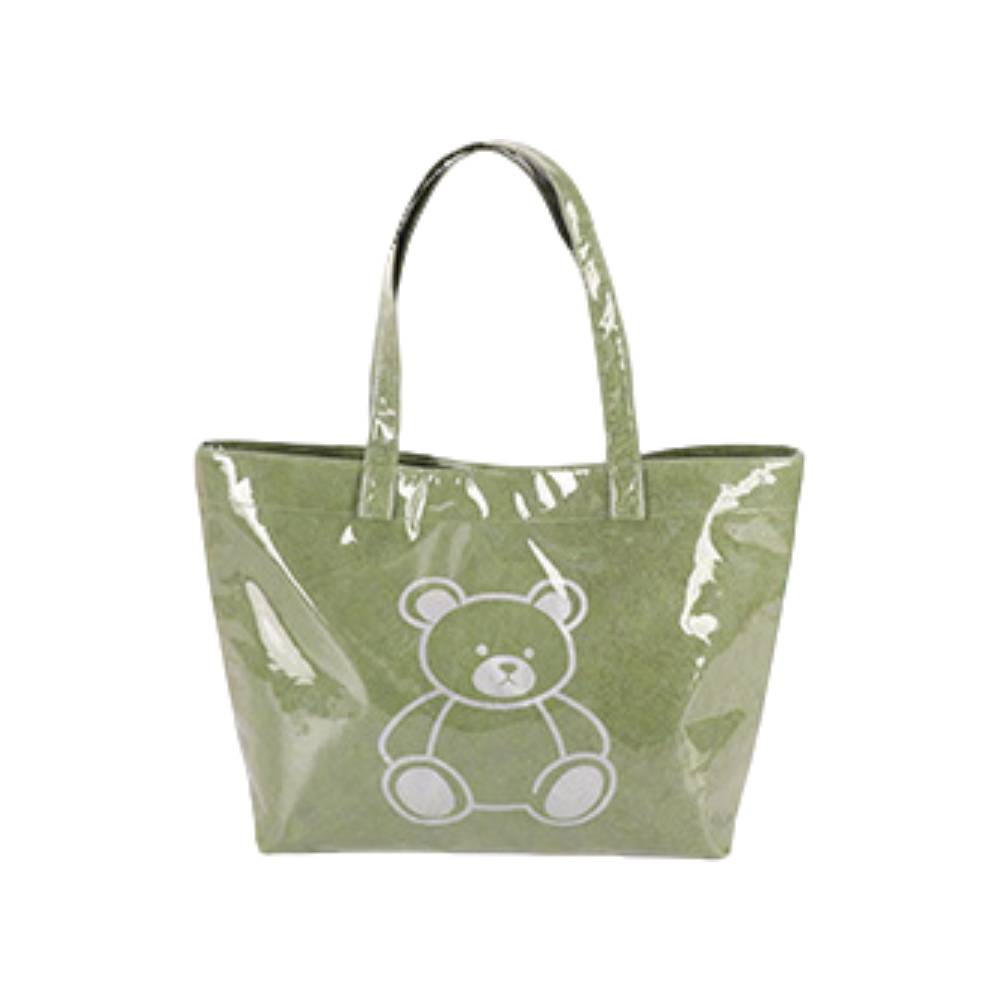 Green Glossy Tote Bag with White Teddy Bear Graphic - Full Front View