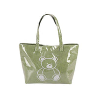 Green Glossy Tote Bag with White Teddy Bear Graphic - Full Front View