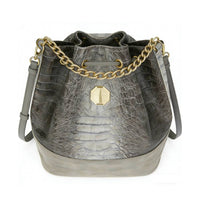 Gray two-tone crocodile-embossed bucket bag with gold chain drawstring, octagonal gold emblem, smooth suede-like base, and adjustable crossbody strap, durable luxury shoulder bag for wholesale and everyday fashion.