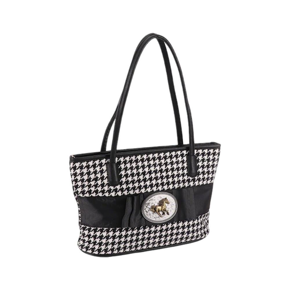 Houndstooth Tote Bag with Horse Emblem - Front Angle View