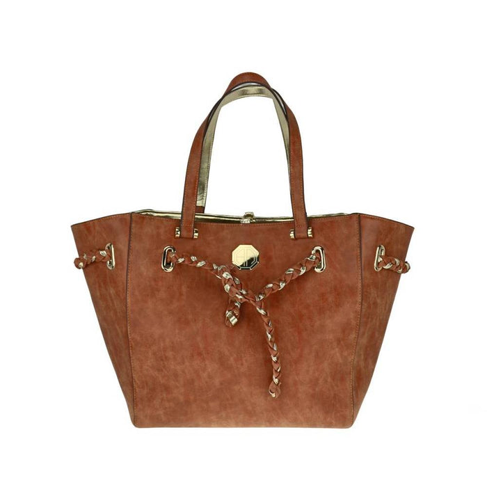 Tan Textured Tote Bag with Braided Rope Detail - Full Front View