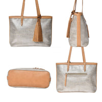 Metallic Silver Woven Tote Bag - Multi-Angle View (Front, Side, Bottom, Back Pocket)