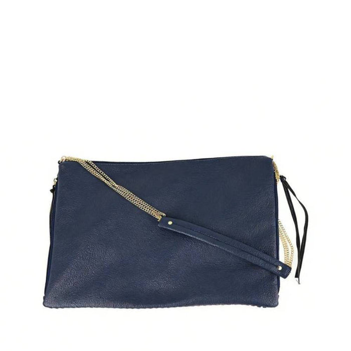 Navy blue pebbled leather clutch bag with gold chain strap and leather wristlet, versatile crossbody purse for wholesale.