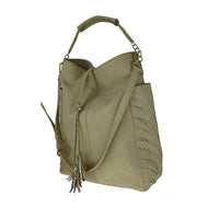 Side view of gray two-tone hobo bag with crocodile-embossed panels and suede-like side pockets, showing structured slouchy shape.