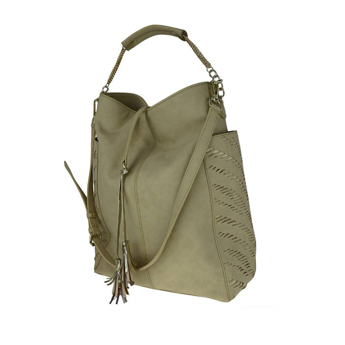 Side view of gray two-tone hobo bag with crocodile-embossed panels and suede-like side pockets, showing structured slouchy shape.